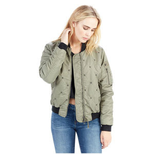 True Religion Women's Studded Quilted Padded Bomber Jacket In chalk Green